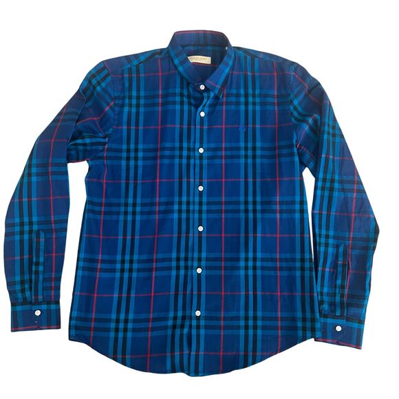 Burberry Brit men's blue plaid embroidered chest logo button down size XL - Picture 1 of 6